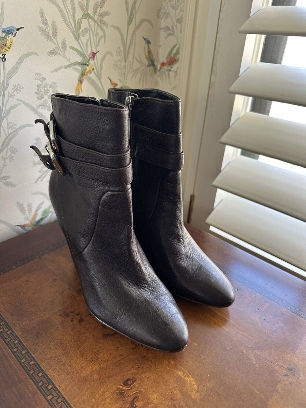 Calvin Klein Brown Booties Ankle Boots Women size 8M Sexy Minimalist Buckles Zip